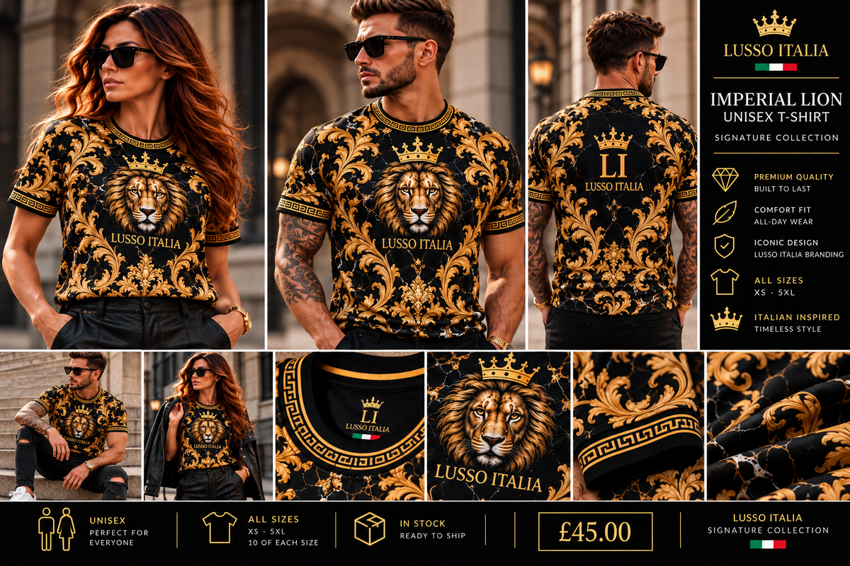 LUSSO ITALIA Imperial Lion unisex T-shirt model and detail views