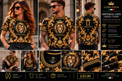 LUSSO ITALIA Imperial Lion unisex T-shirt model and detail views