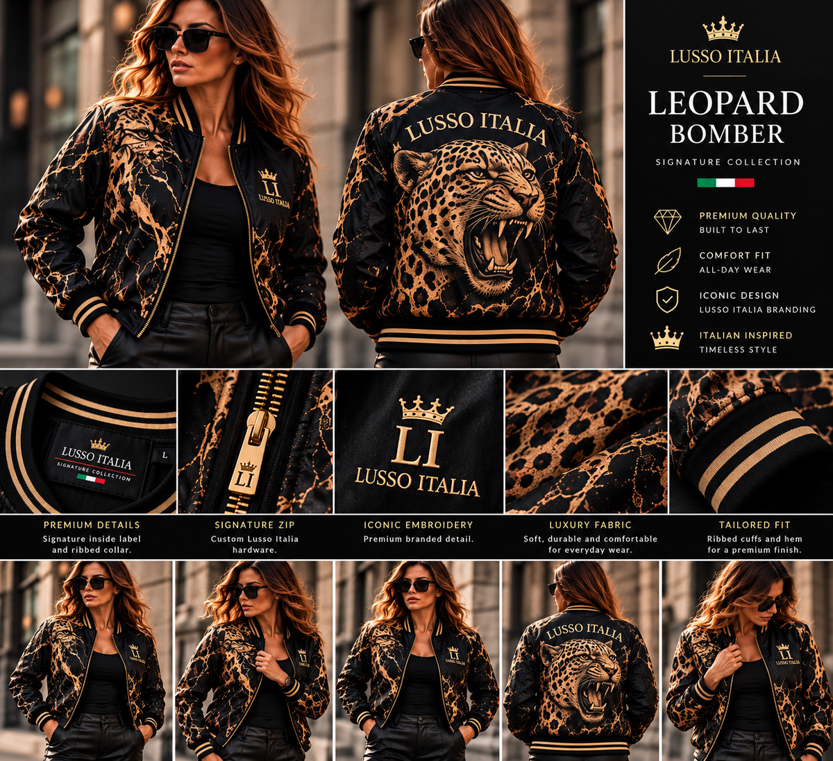 LUSSO ITALIA Leopard Bomber Jacket front, back and premium detail views