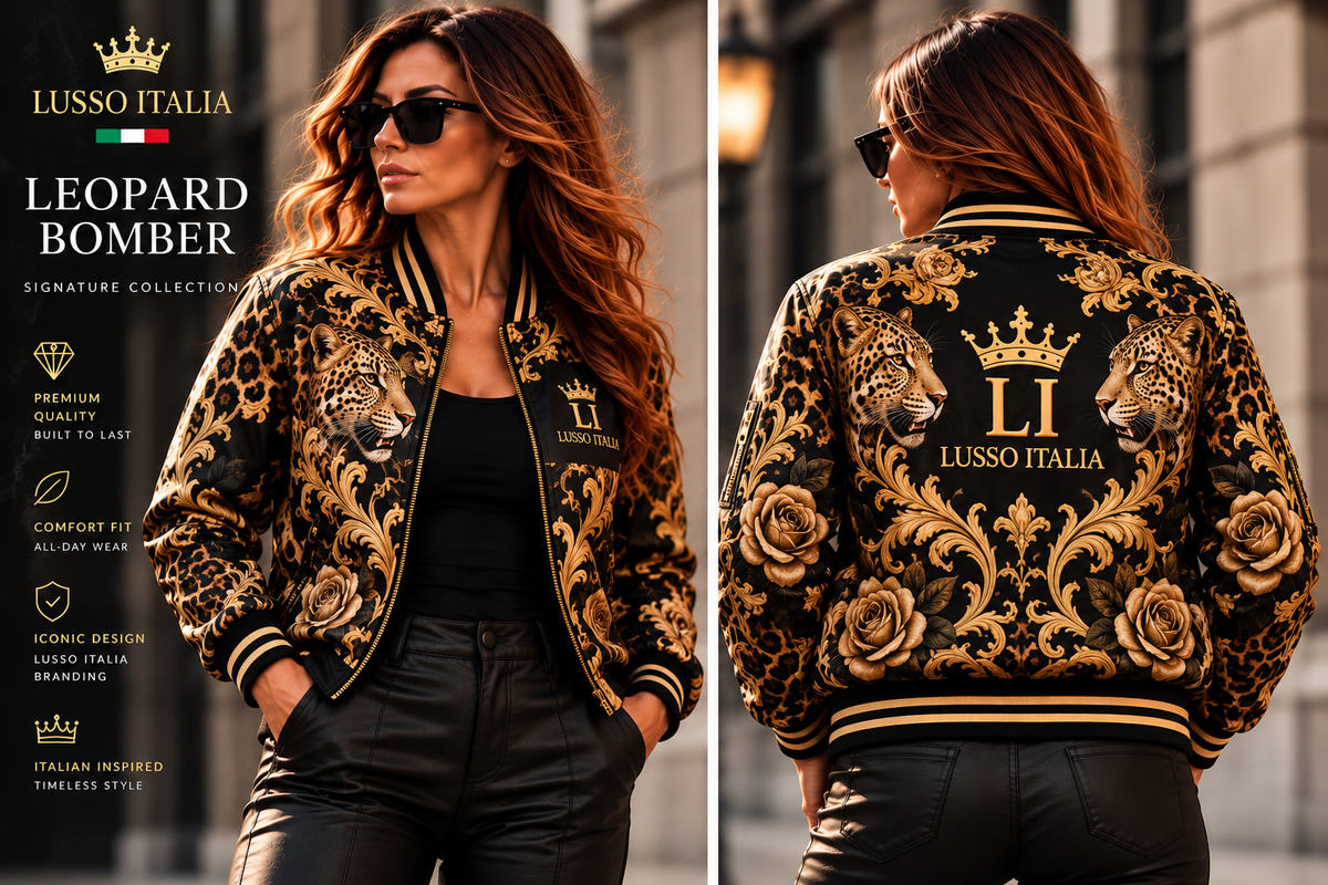 LUSSO ITALIA Leopard Bomber front and back model views