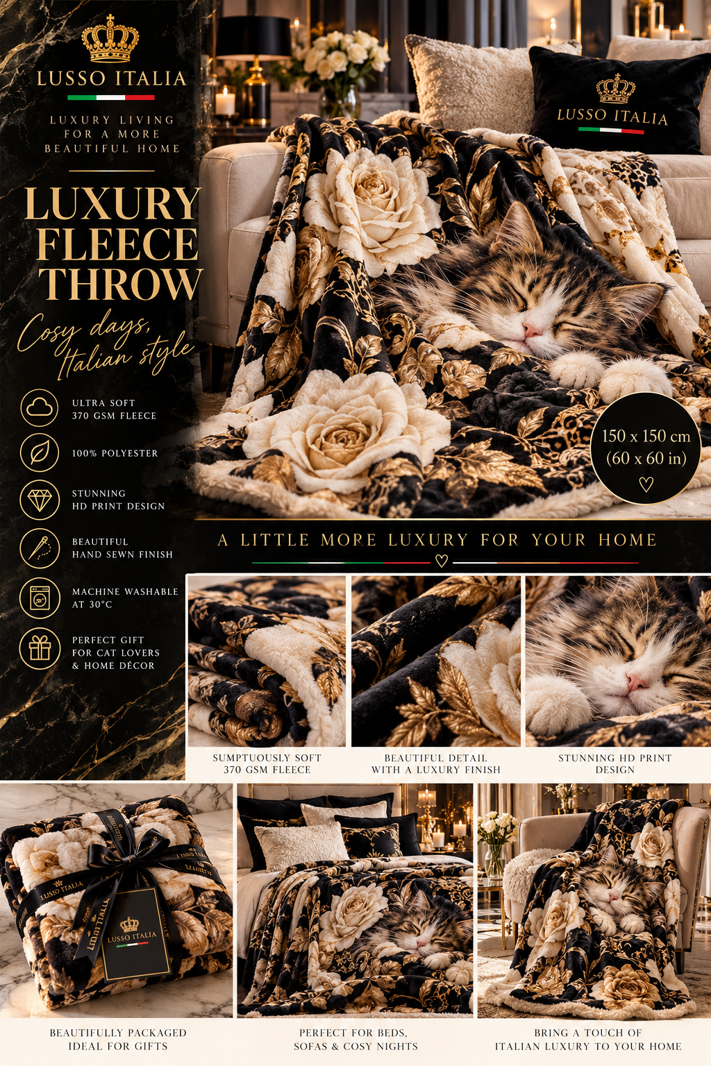 LUSSO ITALIA Luxury Cat Fleece Throw 150 x 150 cm