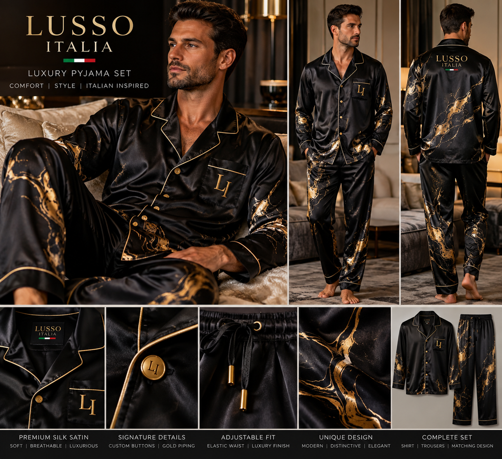 LUSSO ITALIA black and gold luxury silk satin pyjama set lookbook