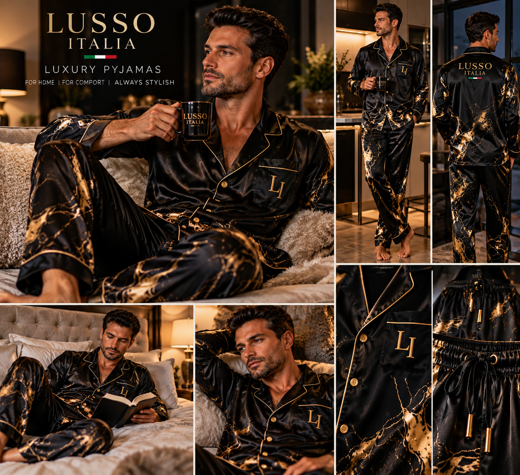LUSSO ITALIA black and gold luxury pyjamas at home