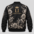Monochrome Rose bomber concept mockup, rose wreath on back