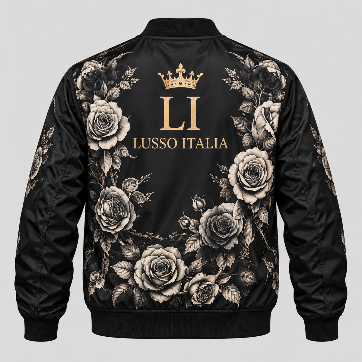Monochrome Rose bomber concept mockup, rose wreath on back