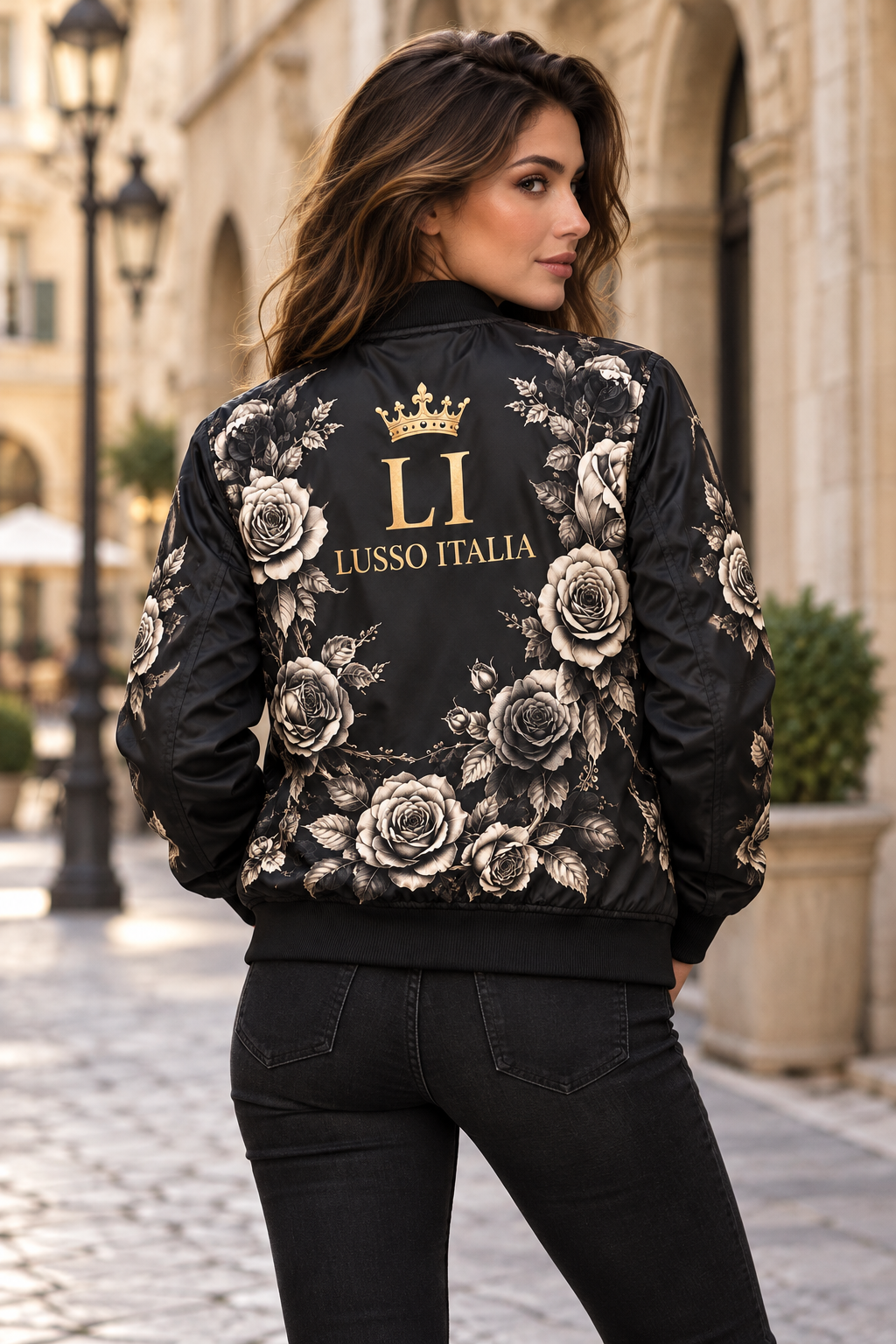 Monochrome Rose bomber concept mockup on model