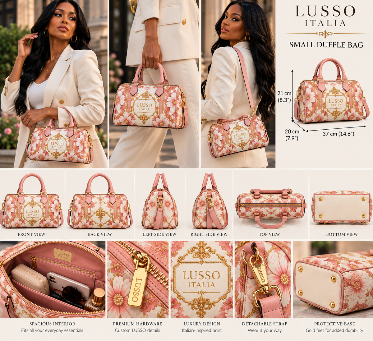 LUSSO ITALIA Pink Royale small duffle bag shown at realistic scale from multiple angles