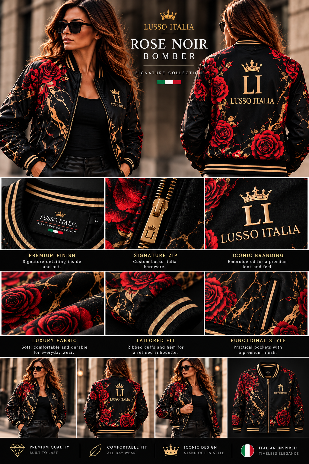 LUSSO ITALIA Rose Noir Bomber lifestyle and detail collage