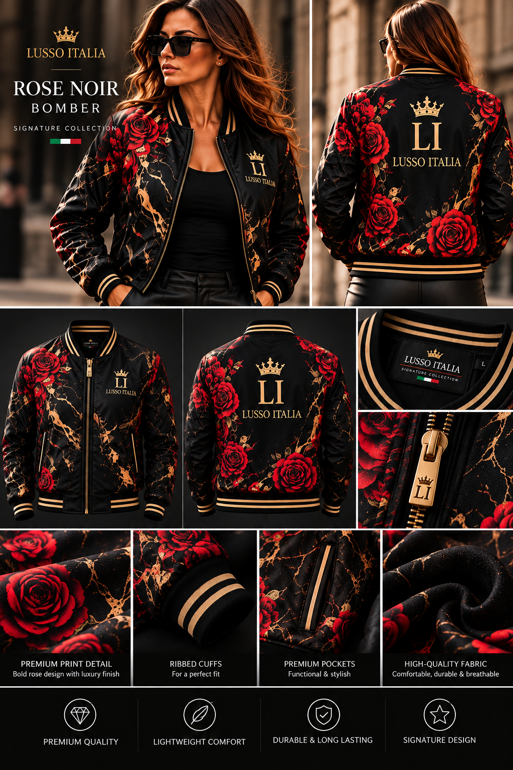 LUSSO ITALIA Rose Noir Bomber front, back and detail views
