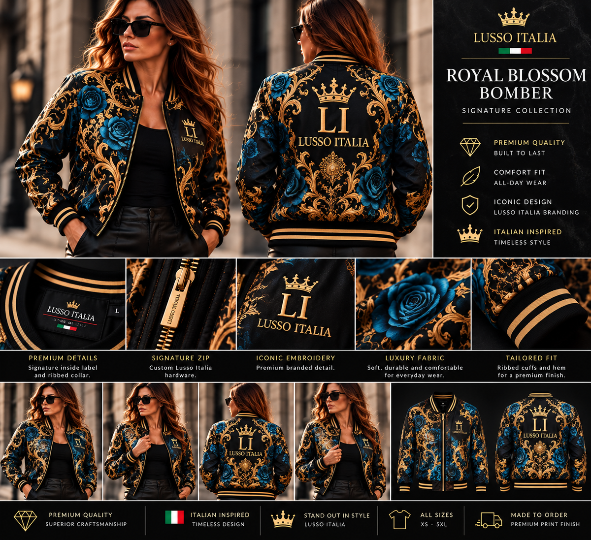 LUSSO ITALIA Royal Blossom Bomber front, back and detail views