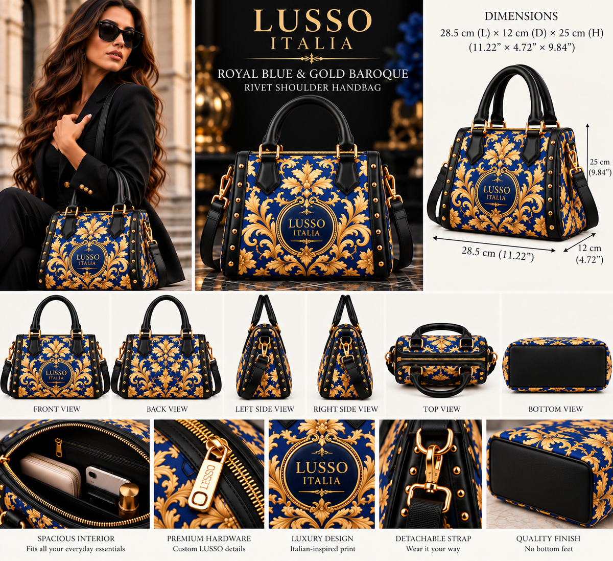 LUSSO ITALIA Royal Blue and Gold Baroque Rivet Shoulder Handbag — accurate Inkedjoy proportions, no bottom feet