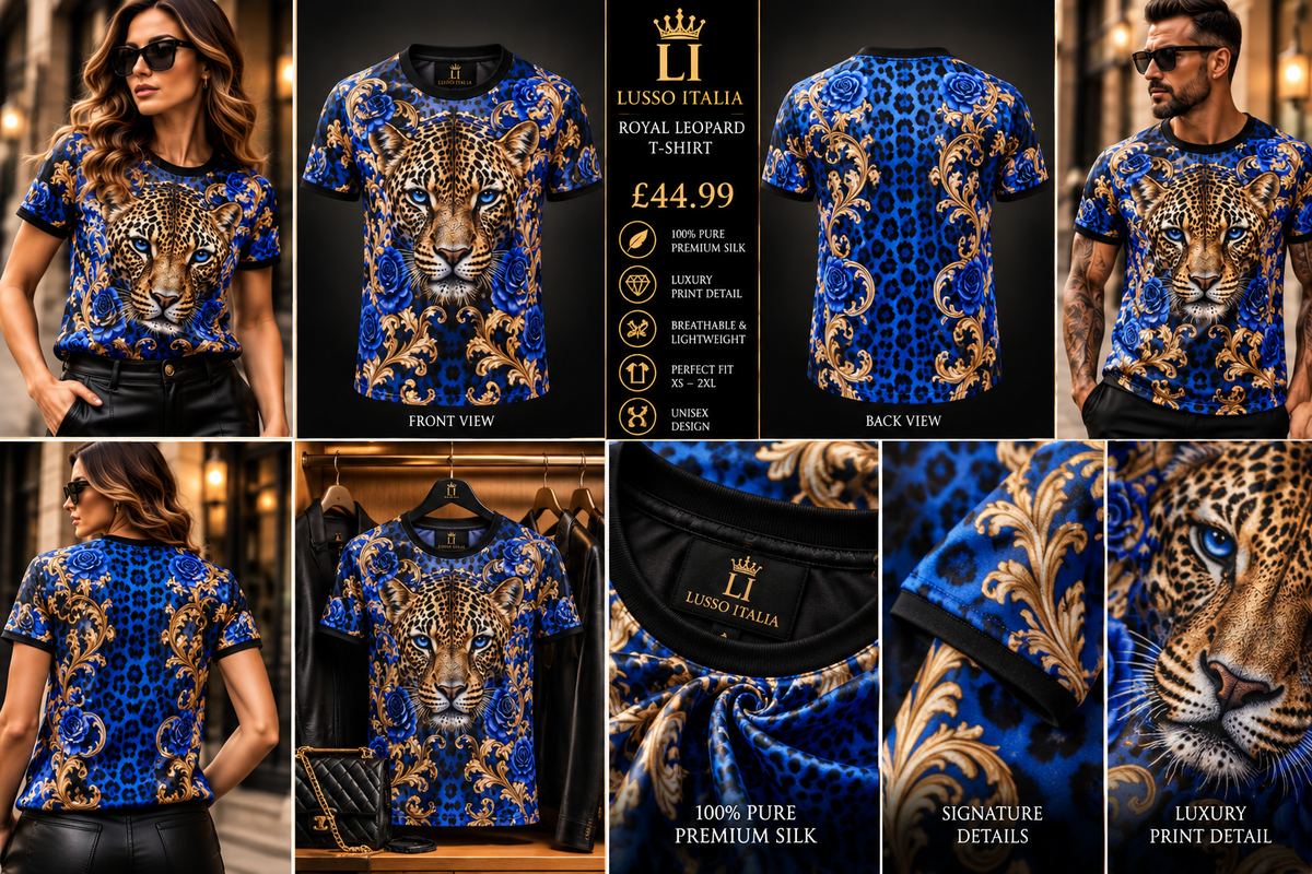 LUSSO ITALIA Royal Leopard blue T-shirt — wardrobe hanger, male and female models, front and back views, leopard and blue rose details