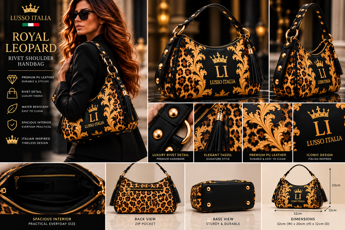 LUSSO ITALIA Royal Leopard handbag front back and detail views