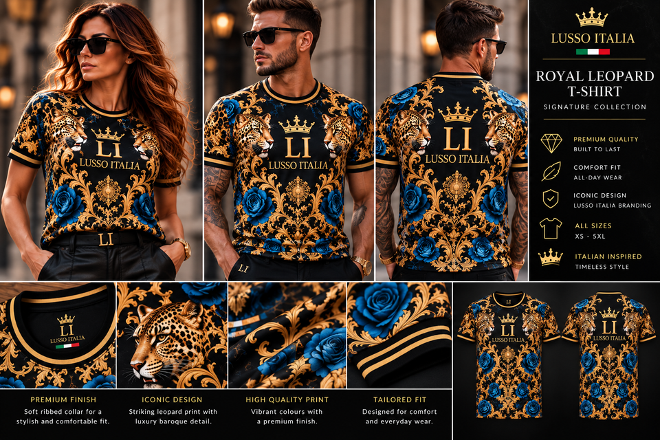 LUSSO ITALIA Royal Leopard T-shirt front, back and detail views