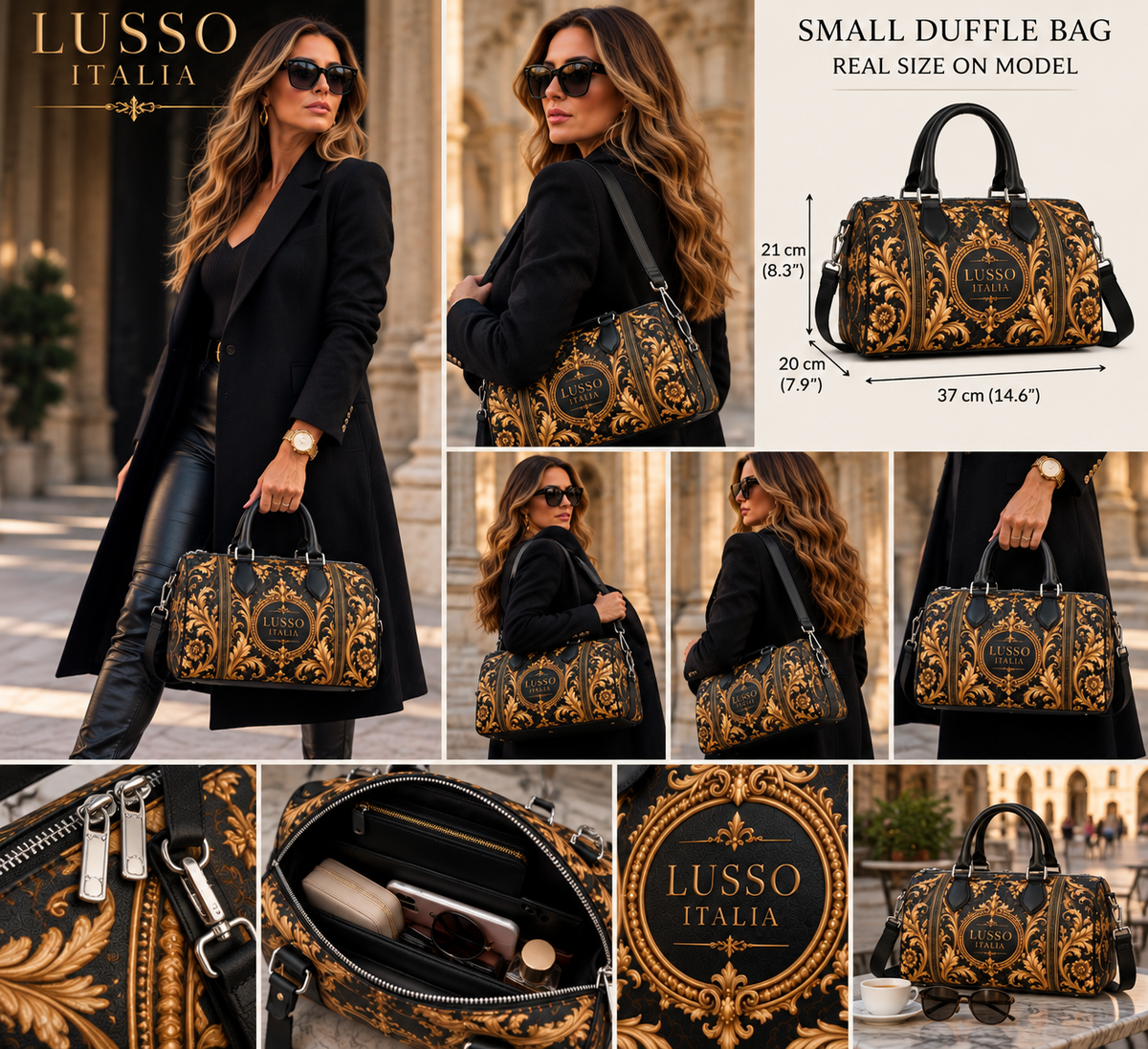 LUSSO ITALIA small black and gold baroque luxury duffle bag shown at true size on model