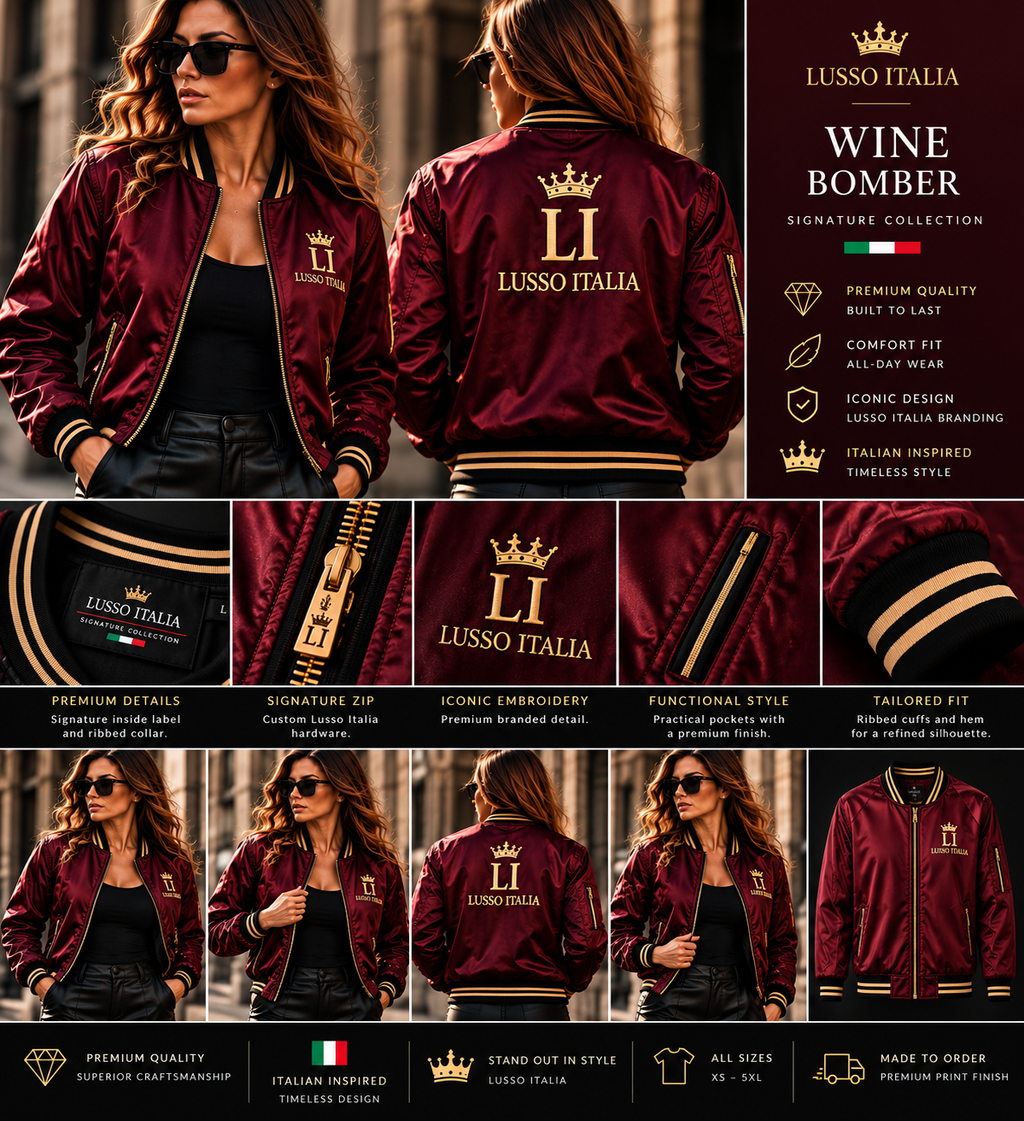 LUSSO ITALIA Wine Bomber Jacket front, back and premium detail views