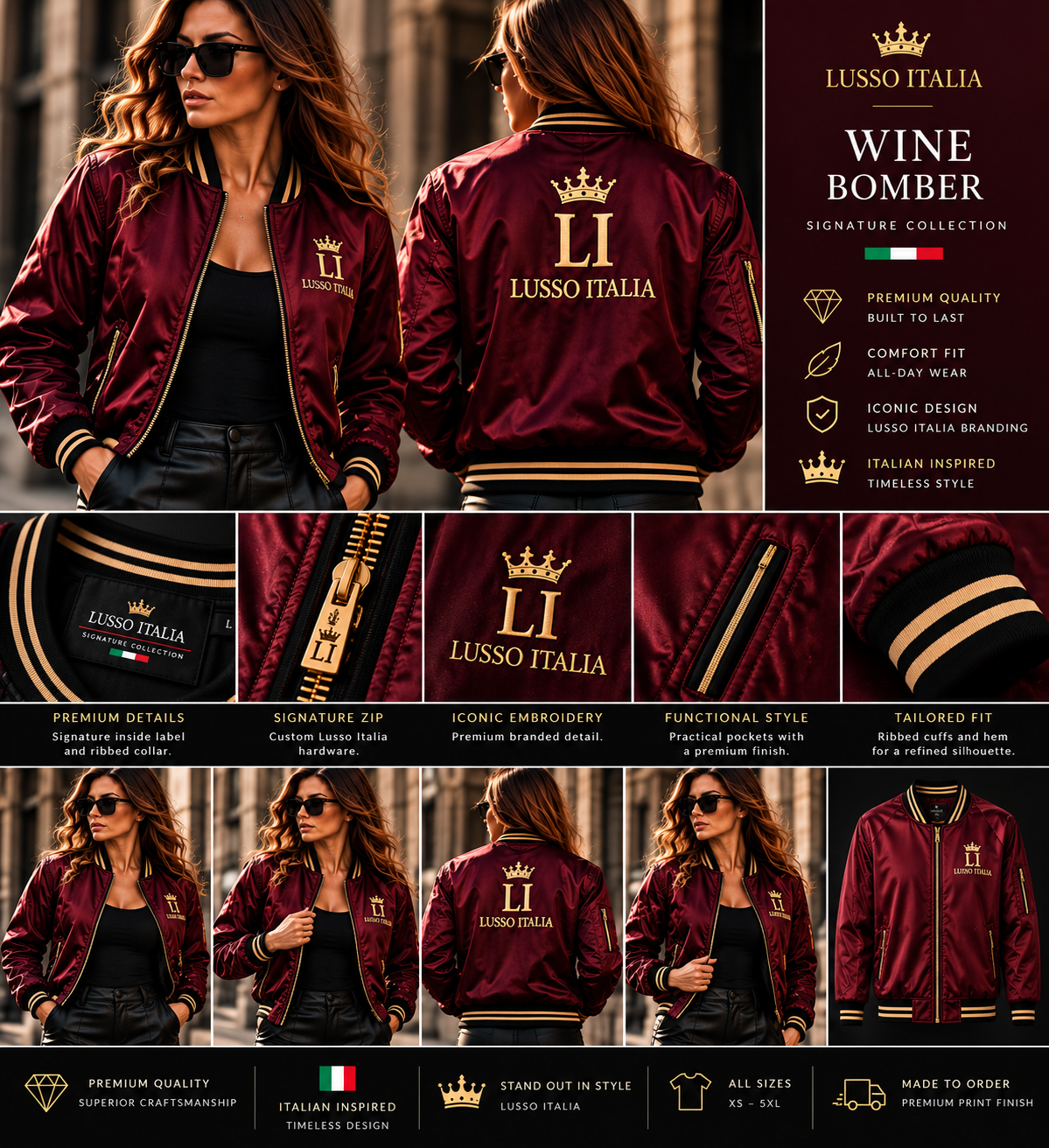 LUSSO ITALIA Wine Bomber Jacket front, back and premium detail views