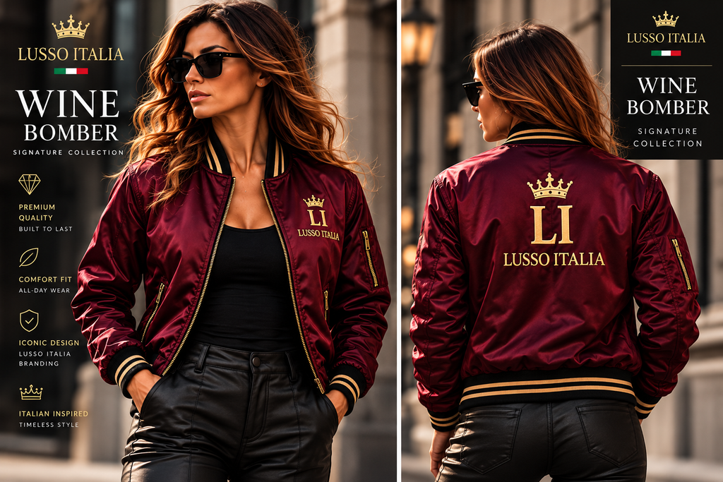 LUSSO ITALIA Wine Bomber Jacket front and back model views