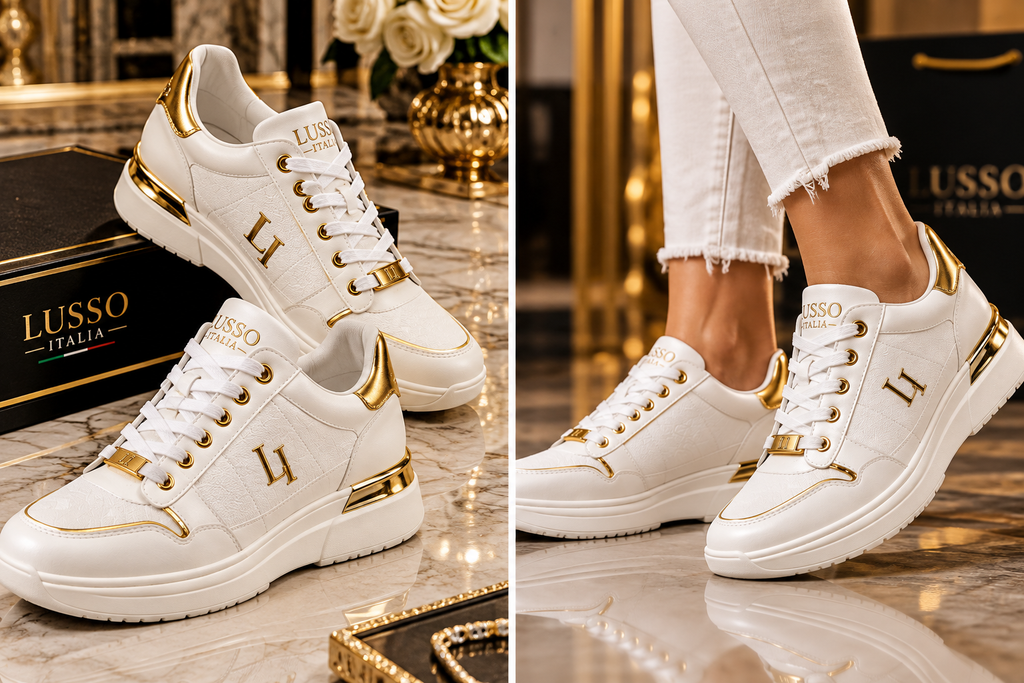 LUSSO ITALIA Leonardo White & Gold Luxury Trainer lifestyle