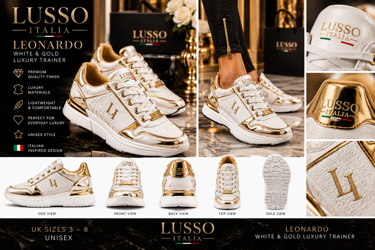 LUSSO ITALIA Leonardo White & Gold Unisex Luxury Trainer details