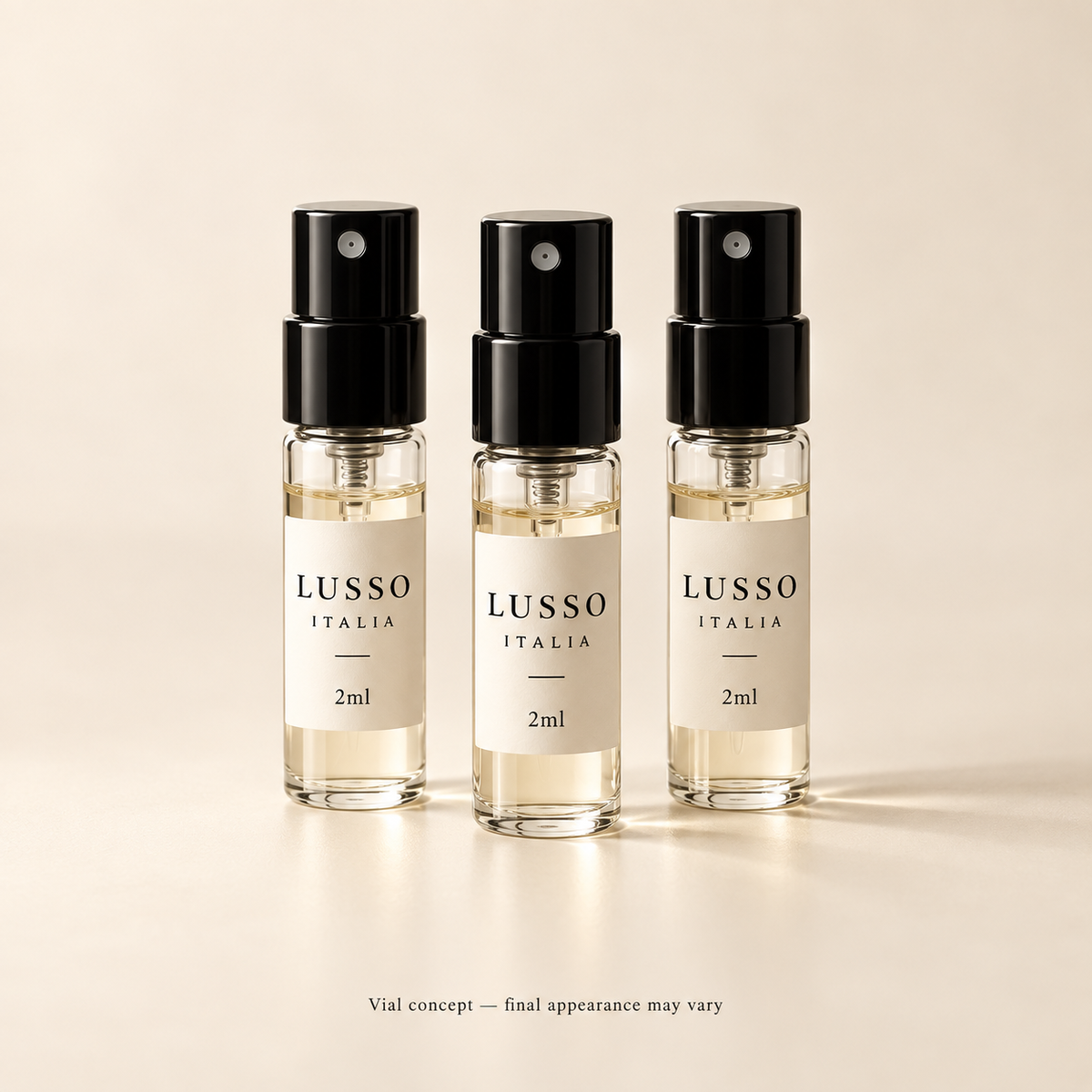 Three Lusso Italia 2ml sample vials, illustrative concept without a box