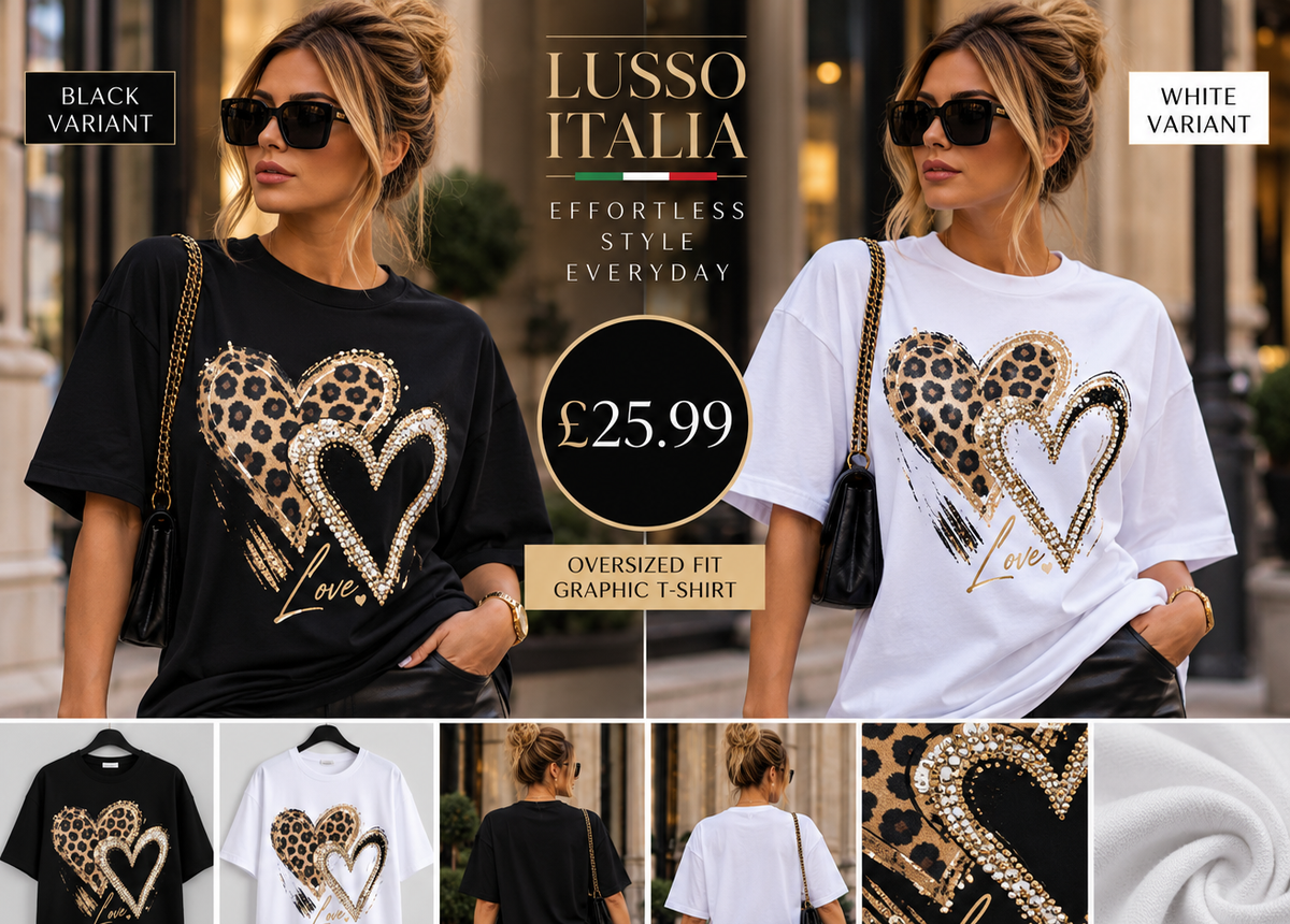 LUSSO ITALIA Leopard Print Multi Hearts Graphic T-Shirt in black and white