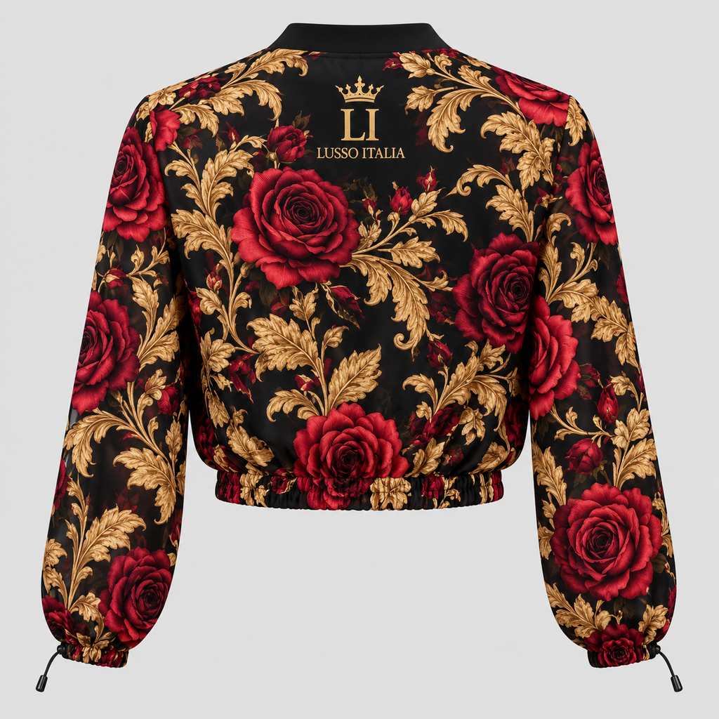 Opera Rose floral print on H30 chiffon cropped jacket, back design mockup