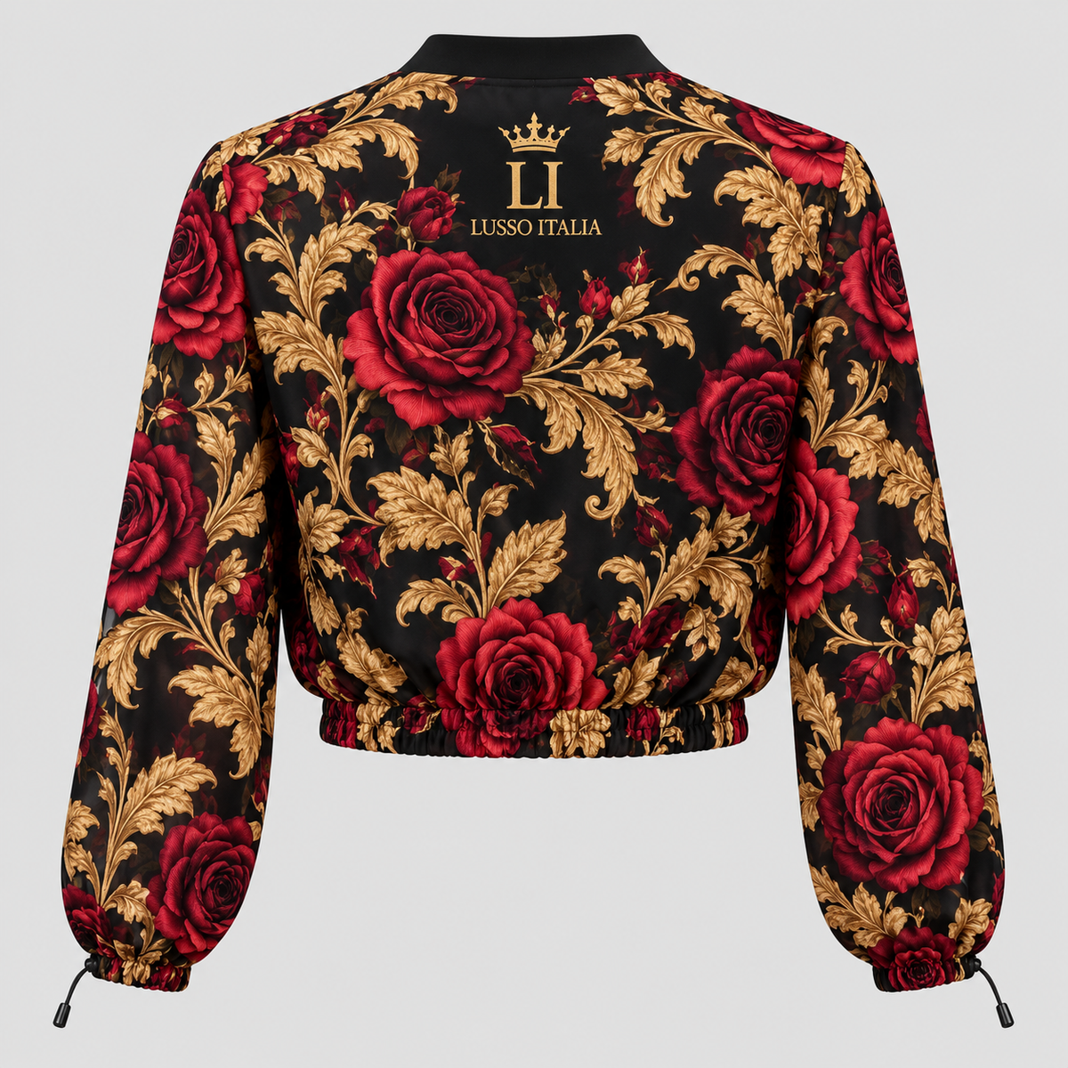 Opera Rose floral print on H30 chiffon cropped jacket, back design mockup