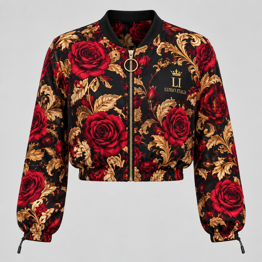 Opera Rose floral print on H30 chiffon cropped jacket, front design mockup