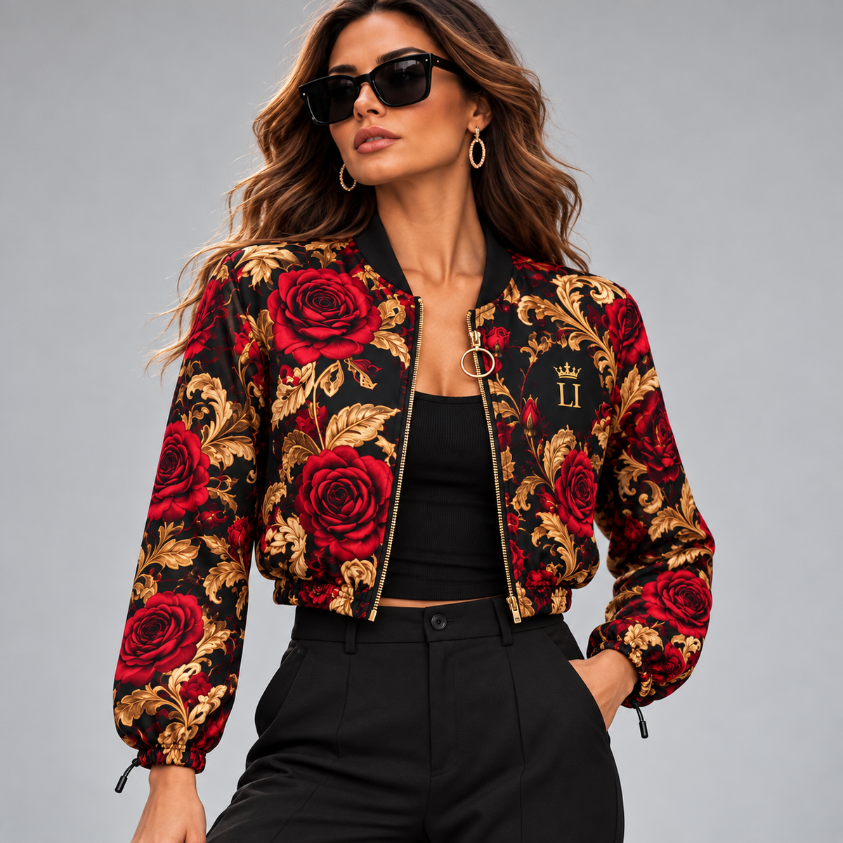 Opera Rose floral print on H30 chiffon cropped jacket, model design mockup