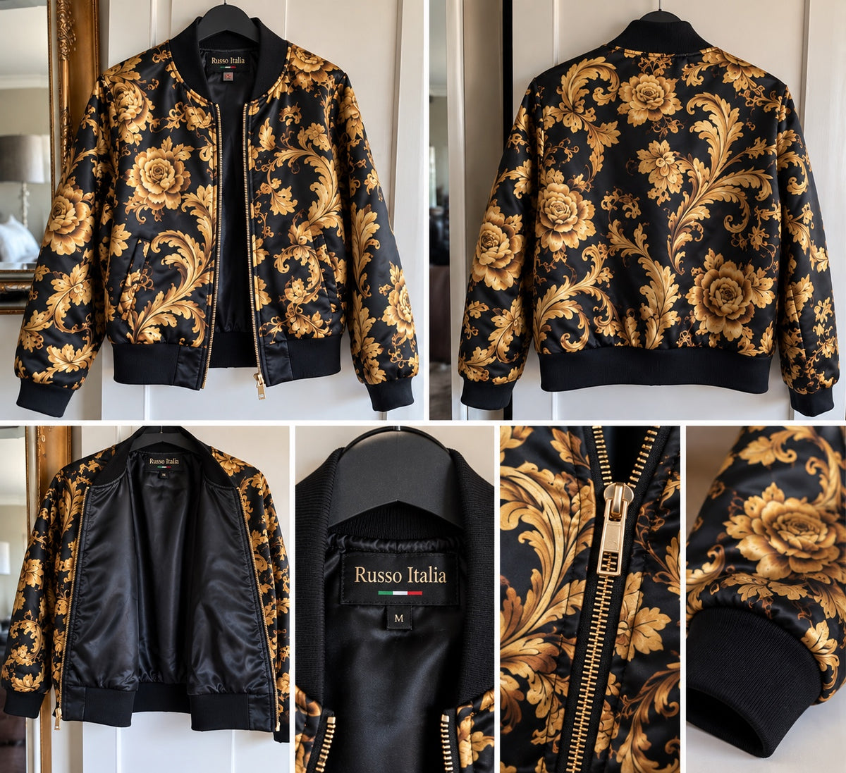 Women's black and gold reversible bomber jacket front back and detail views