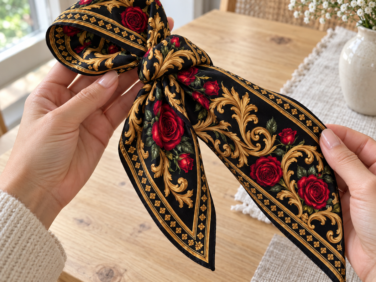 Handheld preview of black gold and red rose handbag scarf