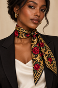 Model wearing LUSSO ITALIA black gold and red rose scarf at the neck