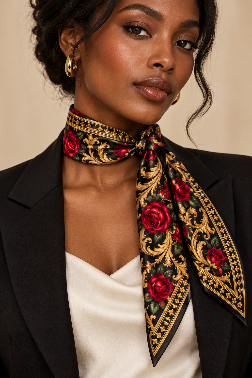 Model wearing LUSSO ITALIA black gold and red rose scarf at the neck