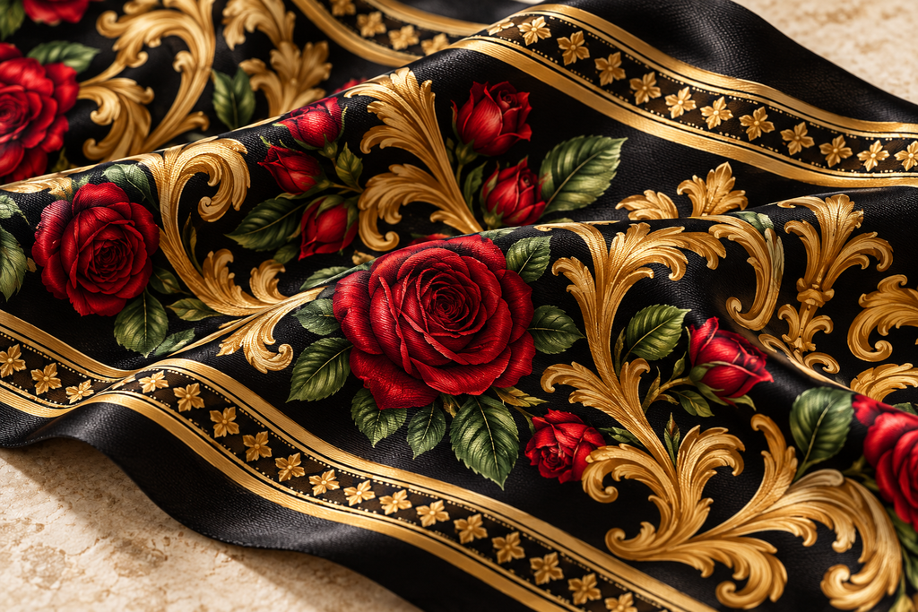 Close-up of red rose and antique gold baroque scarf artwork